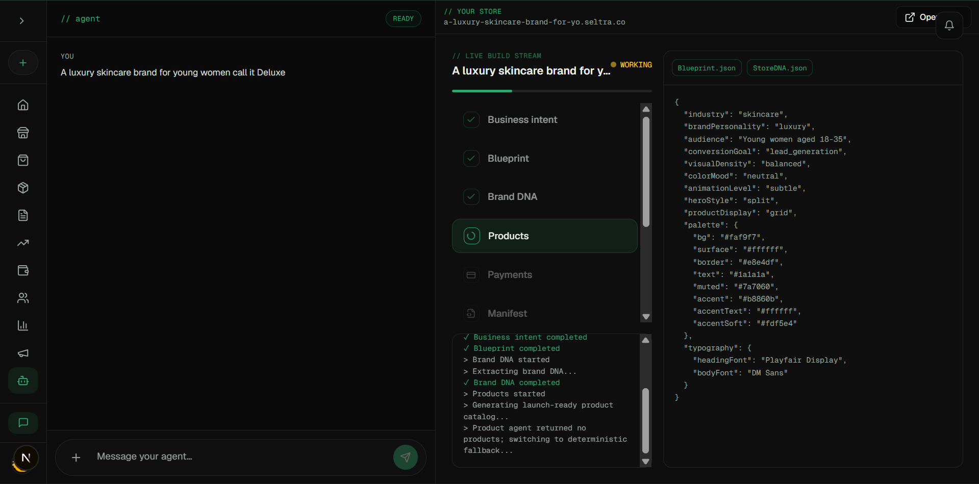 Seltra agent live build stream generating a skincare brand storefront