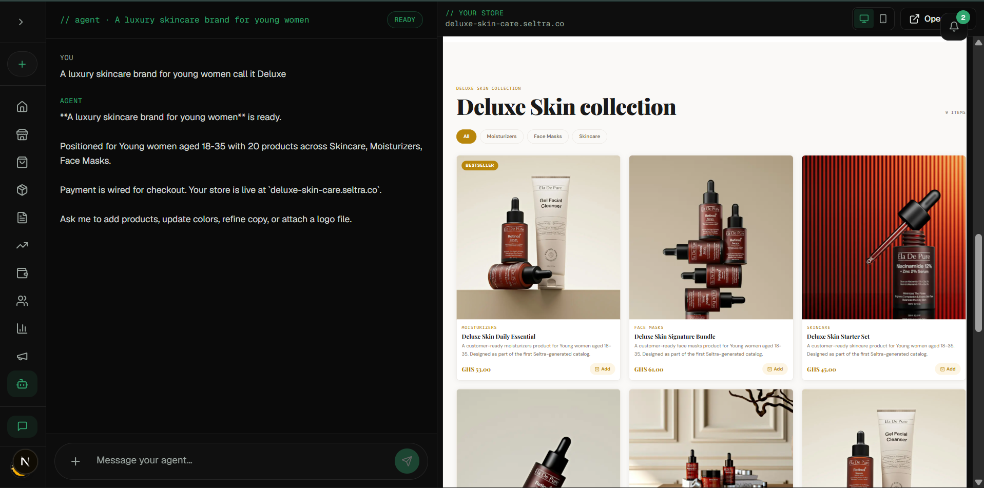 Deluxe Skin storefront generated by Seltra showing a live product collection